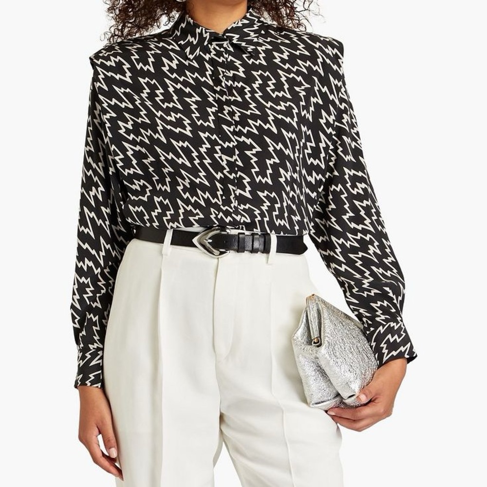 ❗️ ISABEL MARANT Igalki printed stretch-silk shirt black/white button up blouse